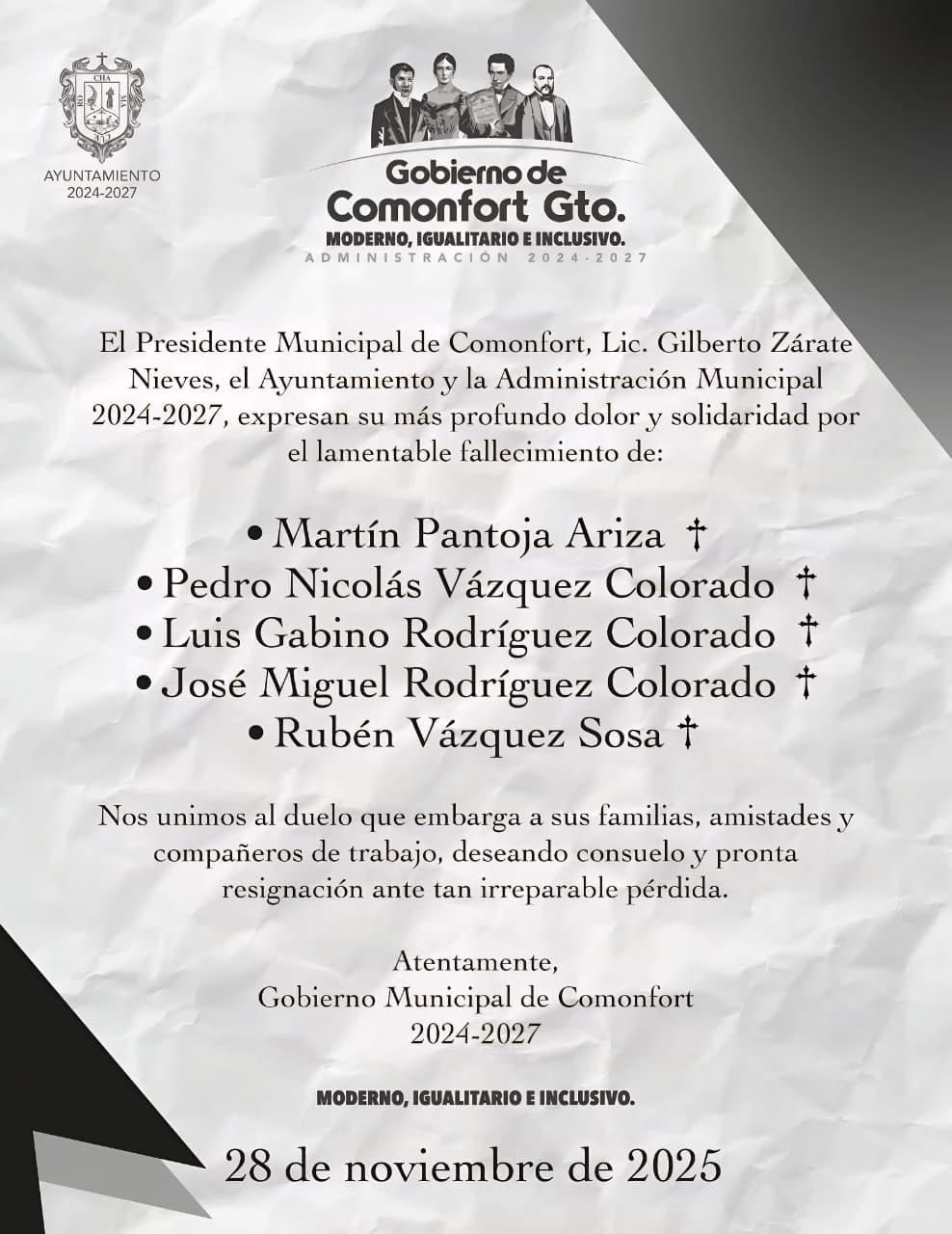 Comunicado de Luto por parte del Gobierno Municipal de Comonfort (Parte 1)